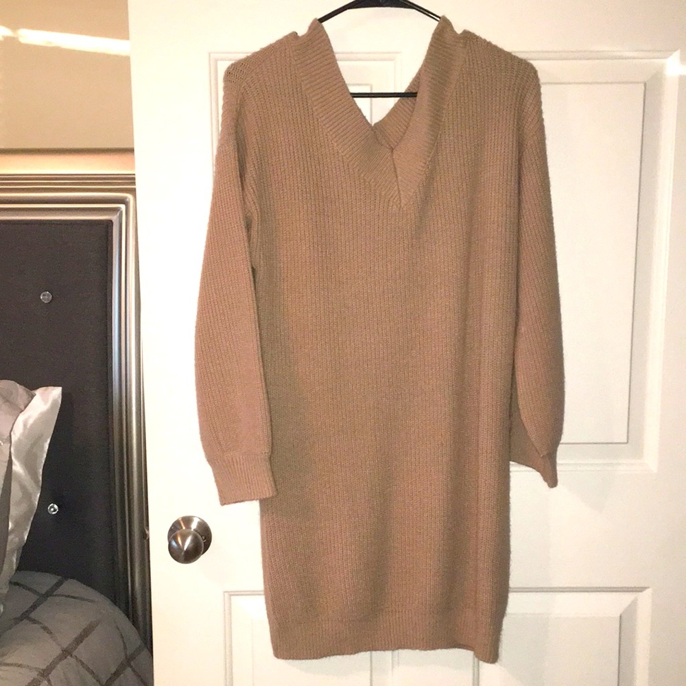 Tan off the shoulder sweater dress.